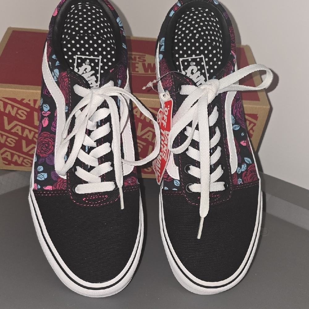 Vans Black & White Classic Low Top with Floral Design 9.5